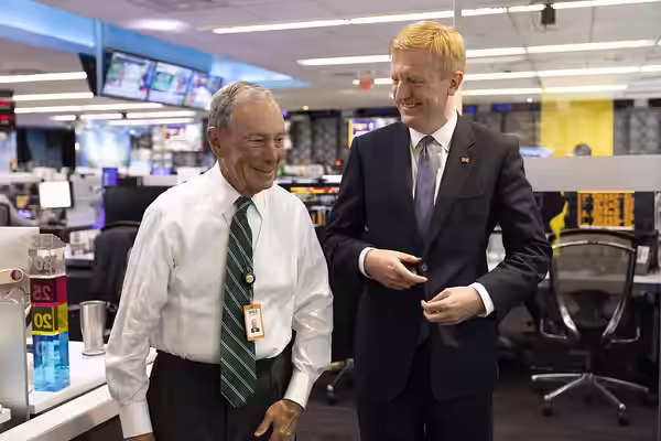 Deputy Prime Minister Oliver Dowden with Mike Bloomberg during a visit to Bloomberg in New York. Picture by Kirsty O'Connor/Cabinet Office. (2023)
