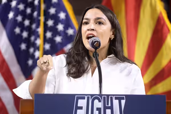 U.S. Congresswoman Alexandria Ocasio-Cortez speaking with attendees at a "Fight Oligarchy" rally at Mullett Arena in Tempe, Arizona. Please attribute to Gage Sk (2025)