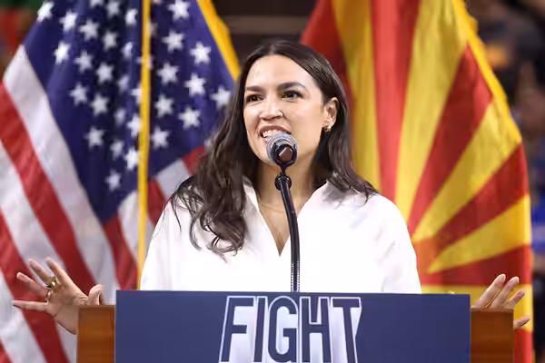 U.S. Congresswoman Alexandria Ocasio-Cortez speaking with attendees at a "Fight Oligarchy" rally at Mullett Arena in Tempe, Arizona. Please attribute to Gage Sk (2025)