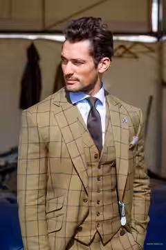 David Gandy, attending the 72nd Meeting of the Goodwood Members, wearing a bespoke suit by Henry Poole &amp; Co (29 Mar 2014)