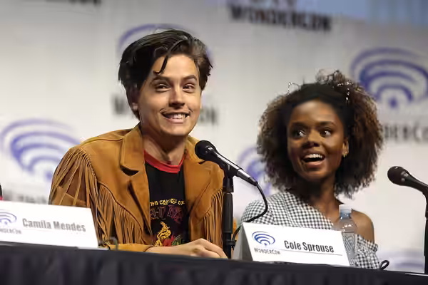 Cole Sprouse and Ashleigh Murray speaking at the 2017 WonderCon, for "Riverdale", at the Anaheim Convention Center in Anaheim, California. Please attribute to G