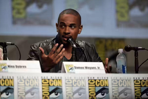 Damon Wayans, Jr. speaking at the 2014 San Diego Comic Con International, for "Let's Be Cops", at the San Diego Convention Center in San Diego, California.