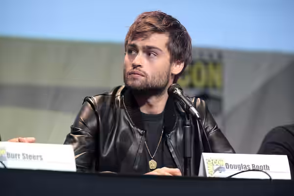 Douglas Booth speaking at the 2015 San Diego Comic Con International, for "Pride and Prejudice and Zombies", at the San Diego Convention Center in San Diego, Ca