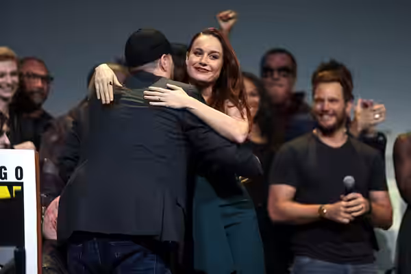 Brie Larson, along with Marvel Studios panelists, speaking at the 2016 San Diego Comic Con International, for "Captain Marvel", at the San Diego Convention Cent