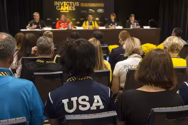 Media professionals pack the seats for the 2017 Invictus Games opening press conference in Toronto, Canada Sept. 23, 2017. (Department of Defense photo by EJ He