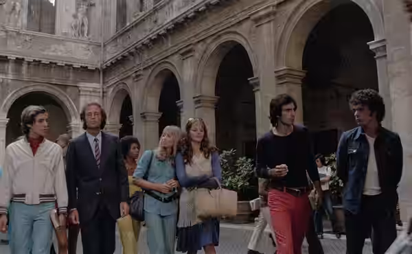 From left to right, Luc Merenda, John Richardson, Carla Brait (in the rear), Suzy Kendall, Tina Aumont and Luciano Bartoli in a scene from Torso (1973).