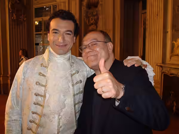 Simone Alberghini with Carlo Verdone on the set of Rossini's Cenerentola for italian Rai TV, 2012.