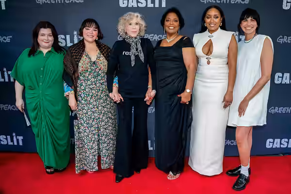 Katie Camosy, Chloe Torres, Jane Fonda, Sharon Lavigne and Shamyra Lavigne (Director and subjects of the film)and Production Manager Alana Schwartz attend the N (2026)