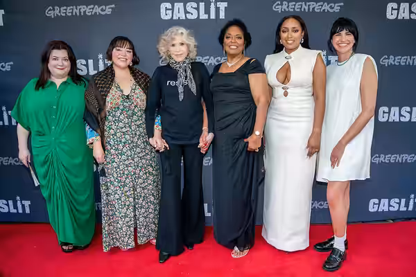 Katie Camosy, Chloe Torres, Jane Fonda, Sharon Lavigne and Shamyra Lavigne (Director and subjects of the film)and Production Manager Alana Schwartz attend the N (2026)