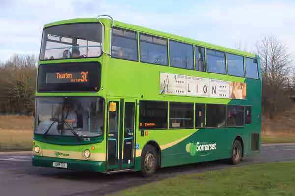 The Buses of Somerset's 33378 (an ALX400 registered UHW661 but originally LK53EYX) comes around the motorway junction roundabout on the outskirts of Taunton as  (2017)