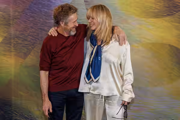 Actors Willem Dafoe and Emma Suarez attend the 'The Birthday Party' photocall during the 78th Locarno Film Festival on August 07, 2025 in Locarno, Switzerland. (2000)
