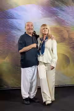 Actors Christos Stergioglou and Emma Suarez attend the 'The Birthday Party' photocall during the 78th Locarno Film Festival on August 07, 2025 in Locarno, Switz