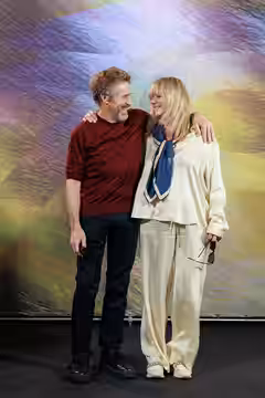Actors Willem Dafoe and Emma Suarez attend the 'The Birthday Party' photocall during the 78th Locarno Film Festival on August 07, 2025 in Locarno, Switzerland.