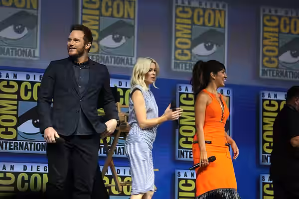 Chris Pratt, Elizabeth Banks and Stephanie Beatriz speaking at the 2018 San Diego Comic Con International, for "The Lego Movie 2: The Second Part", at the San D