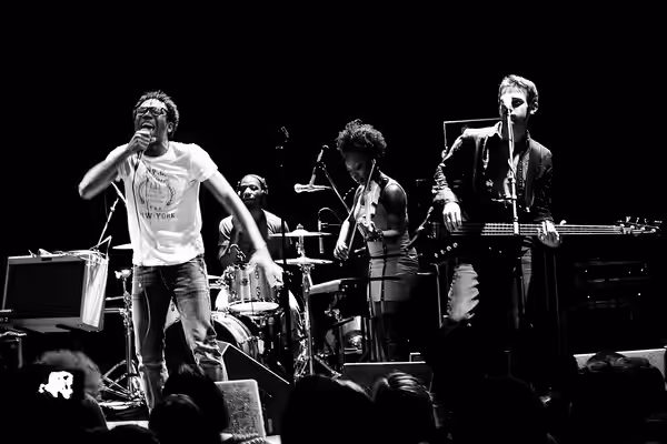 Childish Gambino rocking out at the Bowery Ballroom, NYC, with musicians Drew McLean, Kersten Stevens and Justin Goldner (2010)