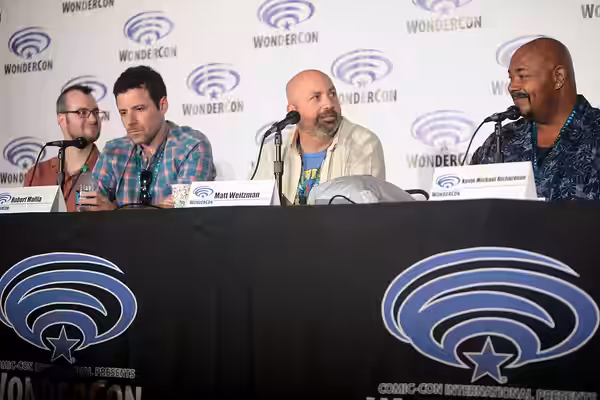 Brett Cawley, Robert Maitia, Matt Weitzman and Kevin Michael Richardson speaking at the 2016 WonderCon, for "American Dad!", at the Los Angeles Convention Cente
