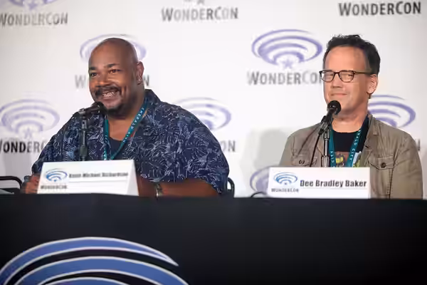Kevin Michael Richardson and Dee Bradley Baker speaking at the 2016 WonderCon, for "American Dad!", at the Los Angeles Convention Center in Los Angeles, Califor