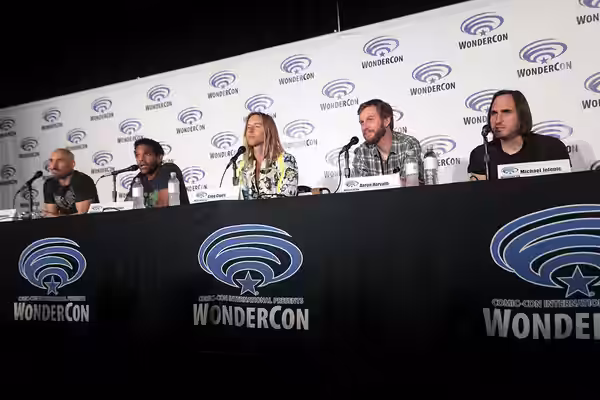 Scott Menville, Khary Payton, Greg Cipes, Aaron Horvath and Michael Jelenic speaking at the 2016 Wondercon, for "Teen Titans Go!", at the Los Angeles Convention