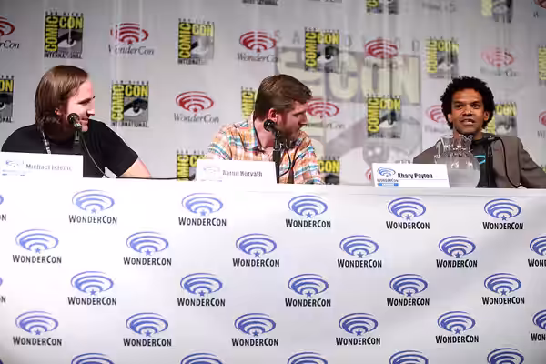 Michael Jelenic, Aaron Horvath and Khary Payton speaking at the 2014 WonderCon, for "Teen Titans Go!", at the Anaheim Convention Center in Anaheim, California. 