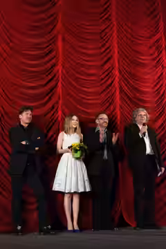 Premiere of the film Das ewige Leben at Gartenbaukino in Vienna, Austria: Tobias Moretti, Nora von Waldstätten, Josef Hader and Wolfgang Murnberger. (2015)