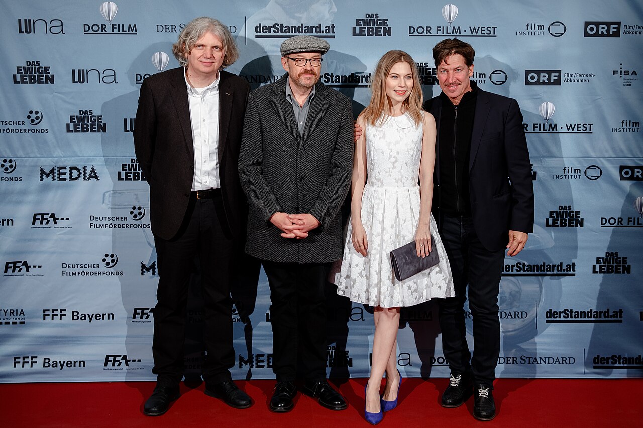 Premiere of the film Das ewige Leben at Gartenbaukino in Vienna, Austria: Wolfgang Murnberger, Josef Hader, Nora von Waldstätten and Tobias Moretti. (2015)