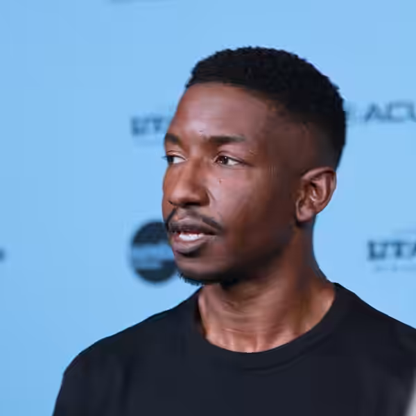 Mamoudou Athie, actor, at the 2025 Sundance Film Festival for the movie By Design.