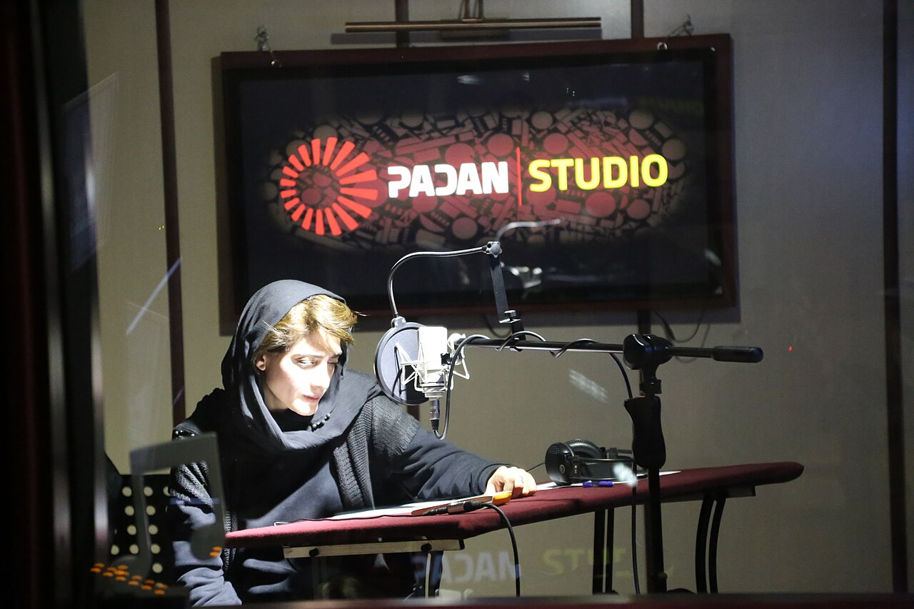 A photo of Mina Sadati, a renowned Iranian actress, recording voiceover for the film The Walnut Tree at Padan Studio. The image was captured on January 20, 2020