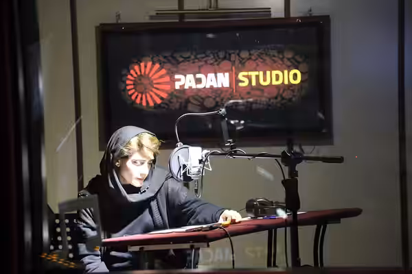 A photo of Mina Sadati, a renowned Iranian actress, recording voiceover for the film The Walnut Tree at Padan Studio. The image was captured on January 20, 2020