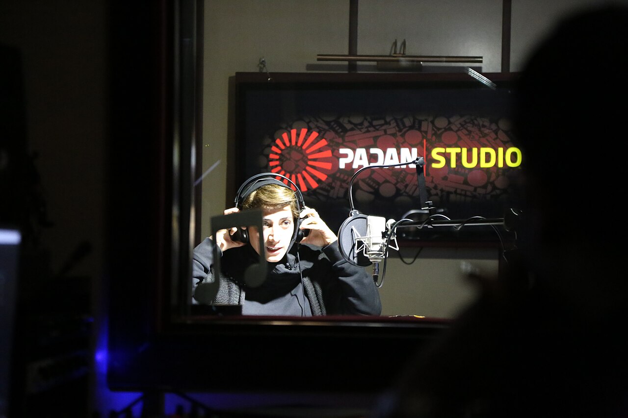 Mina Sadati, a well-known Iranian actress, recording voiceover for the film The Walnut Tree at Padan Studio. This photo was taken on January 20, 2020.