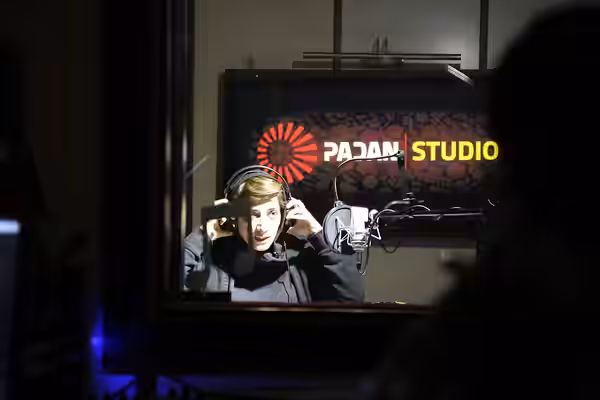 Mina Sadati, a well-known Iranian actress, recording voiceover for the film The Walnut Tree at Padan Studio. This photo was taken on January 20, 2020.