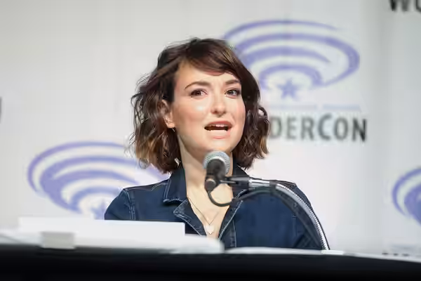 Milana Vayntrub speaking at the 2019 WonderCon, for "Marvel Rising: Heart of Iron", at the Anaheim Convention Center in Anaheim, California. Please attribute to