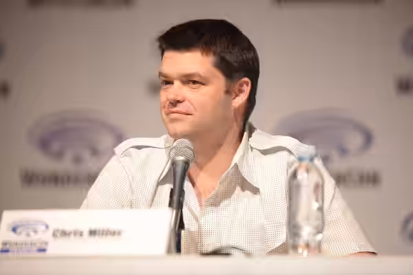 Chris Miller speaking at the 2015 Wondercon, for "The Last Man on Earth", at the Anaheim Convention Center in Anaheim, California. Please attribute to Gage Skid