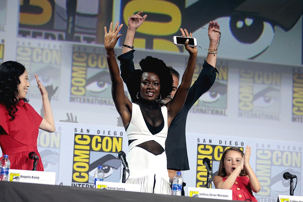 Angela Kang, Danai Gurira, Jeffrey Dean Morgan and Cailey Fleming speaking at the 2019 San Diego Comic Con International, for "The Walking Dead", at the San Die