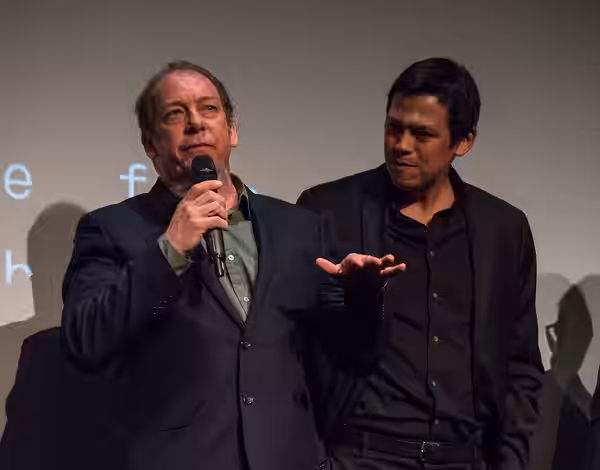 Bill Camp and Chaske Spencer during a discussion following the U.S. premiere of Woman Walks Ahead at the 2018 Tribeca Film Festival.