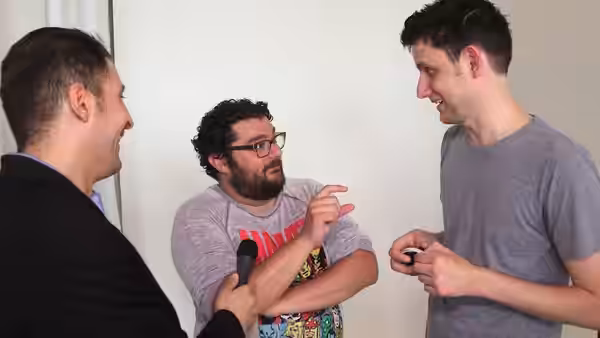 Comedians Bobby Moynihan and Zach Woods at the annual Del Close Marathon in New York City (2015)