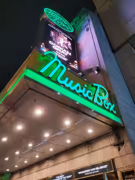 Marquee of the Music Box Theatre during the run of The Picture of Dorian Gray starring Sarah Snook.