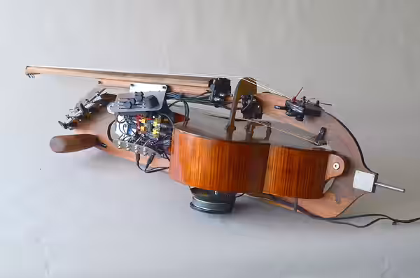 An electro acoustic feedback-string instrument called a halldorophone belonging to Hildur Guðnadóttir, made by Halldór Úlfarsson in 2015.