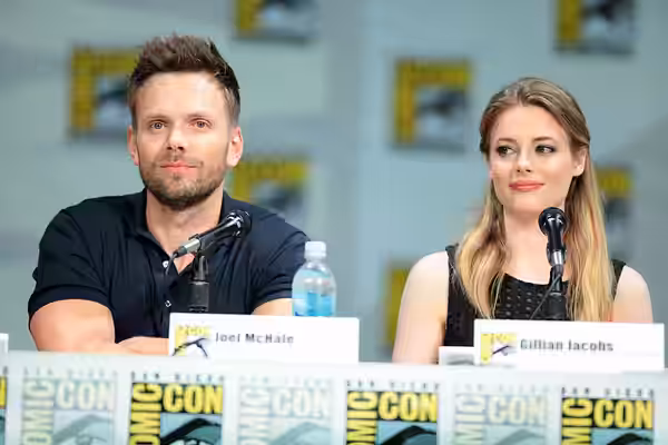 Joel McHale and Gillian Jacobs speaking at the 2014 San Diego Comic Con International, for "Community", at the San Diego Convention Center in San Diego, Califor