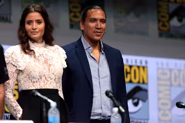 Mercedes Mason and Michael Greyeyes speaking at the 2017 San Diego Comic Con International, for "Fear the Walking Dead", at the San Diego Convention Center in S