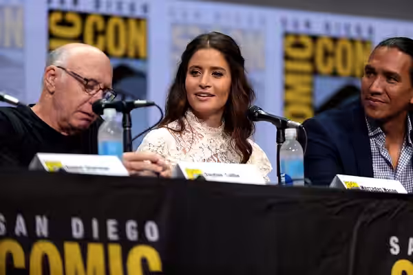 Dayton Callie, Mercedes Mason and Michael Greyeyes speaking at the 2017 San Diego Comic Con International, for "Fear the Walking Dead", at the San Diego Convent