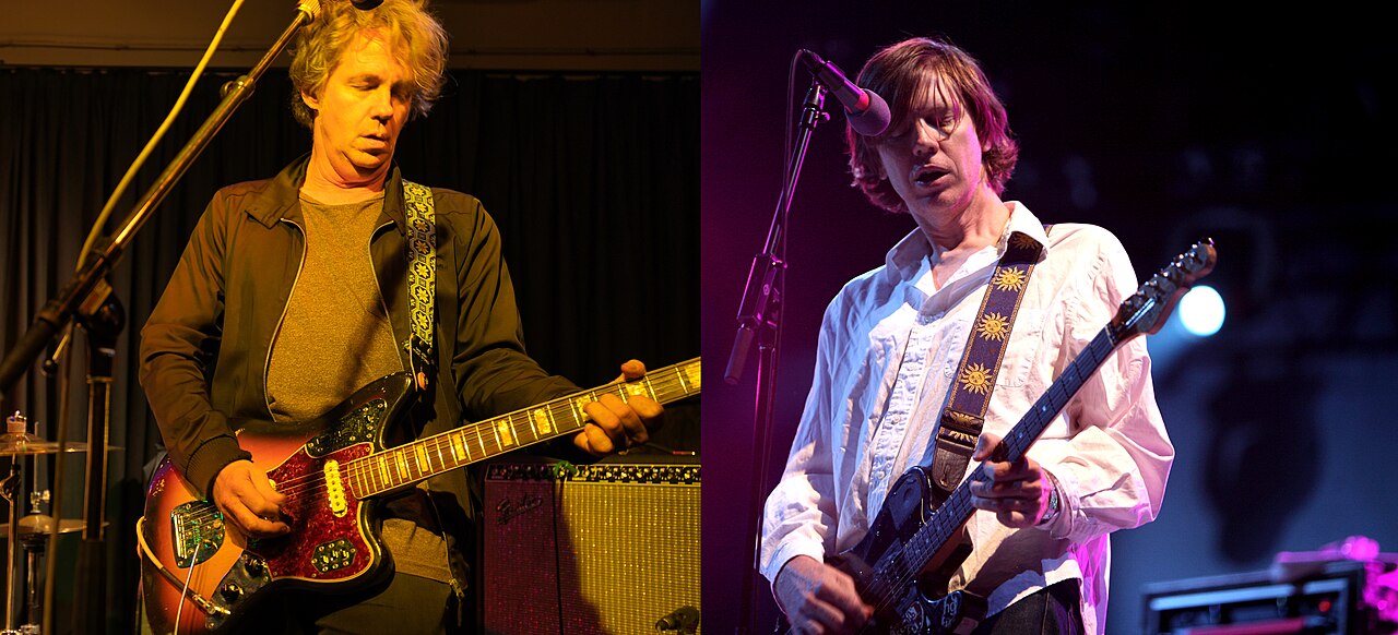 Collage showing musicians Chris Brokaw (in 2022) and Thurston Moore (in 2007) (2025)