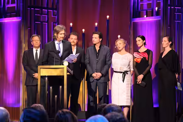 Creator, Writer, Executive Producer Ray McKinnon accepts the Peabody for Rectify. He is joined on stage by Mark Johnson, en:Clayne Crawford, Aden Young, J. Smit (2015)
