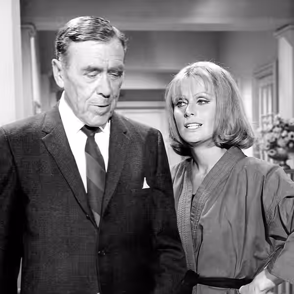 Photo of Leo G. Carroll as Alexander Waverly and guest star Diana Hyland from the television program The Man From U.N.C.L.E.. The episode is "The Candidate's Wi