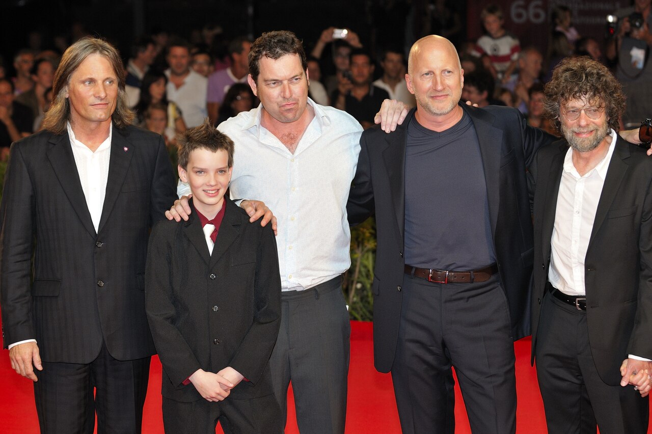 Actors Viggo Mortensen and Kodi Smit-McPhee, screenwriter Joe Penhall, director John Hillcoat and producer Steve Schwartz at the 2009 Venice Film Festival for t