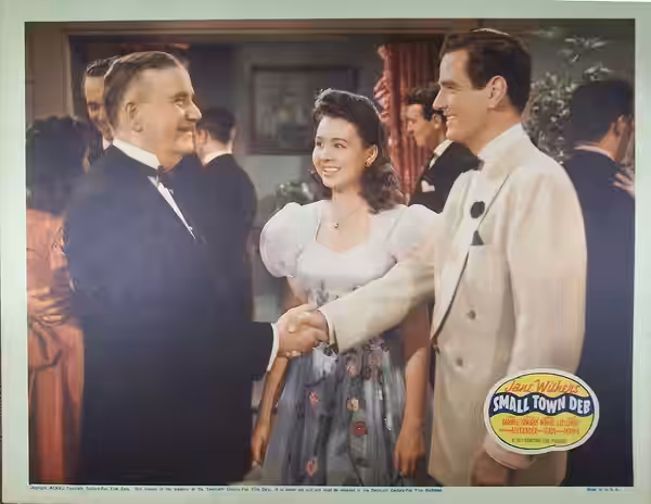 (L. to r.) Cecil Kellaway, Jane Withers, and Bruce Edwards featured on lobby card for "Small Town Deb" (1941 film)