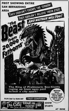 Tri-City Drive-In theater advertisement for the American sci-fi film The Beast from 20,000 Fathoms (1953), from the 24 June 1953 San Bernardino Sun.