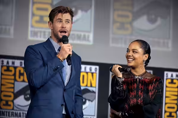Chris Hemsworth and Tessa Thompson speaking at the 2019 San Diego Comic Con International, for "Thor: Love and Thunder", at the San Diego Convention Center in S