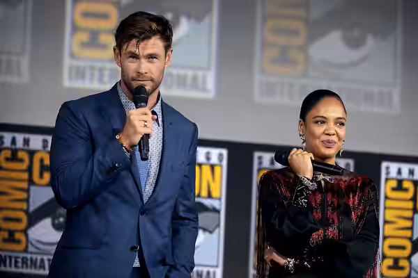 Chris Hemsworth and Tessa Thompson speaking at the 2019 San Diego Comic Con International, for "Thor: Love and Thunder", at the San Diego Convention Center in S