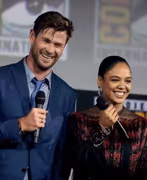 Chris Hemsworth and Tessa Thompson speaking at the 2019 San Diego Comic Con International, for "Thor: Love and Thunder", at the San Diego Convention Center in S