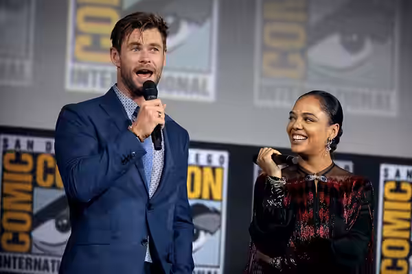 Chris Hemsworth and Tessa Thompson speaking at the 2019 San Diego Comic Con International, for "Thor: Love and Thunder", at the San Diego Convention Center in S
